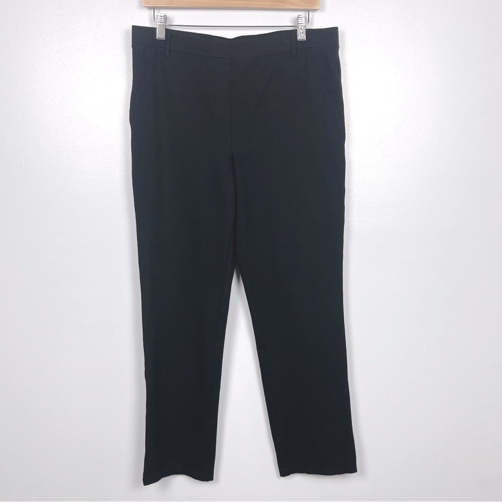 Quince black ponte knit pull on straight leg faux pocket career pants, large.